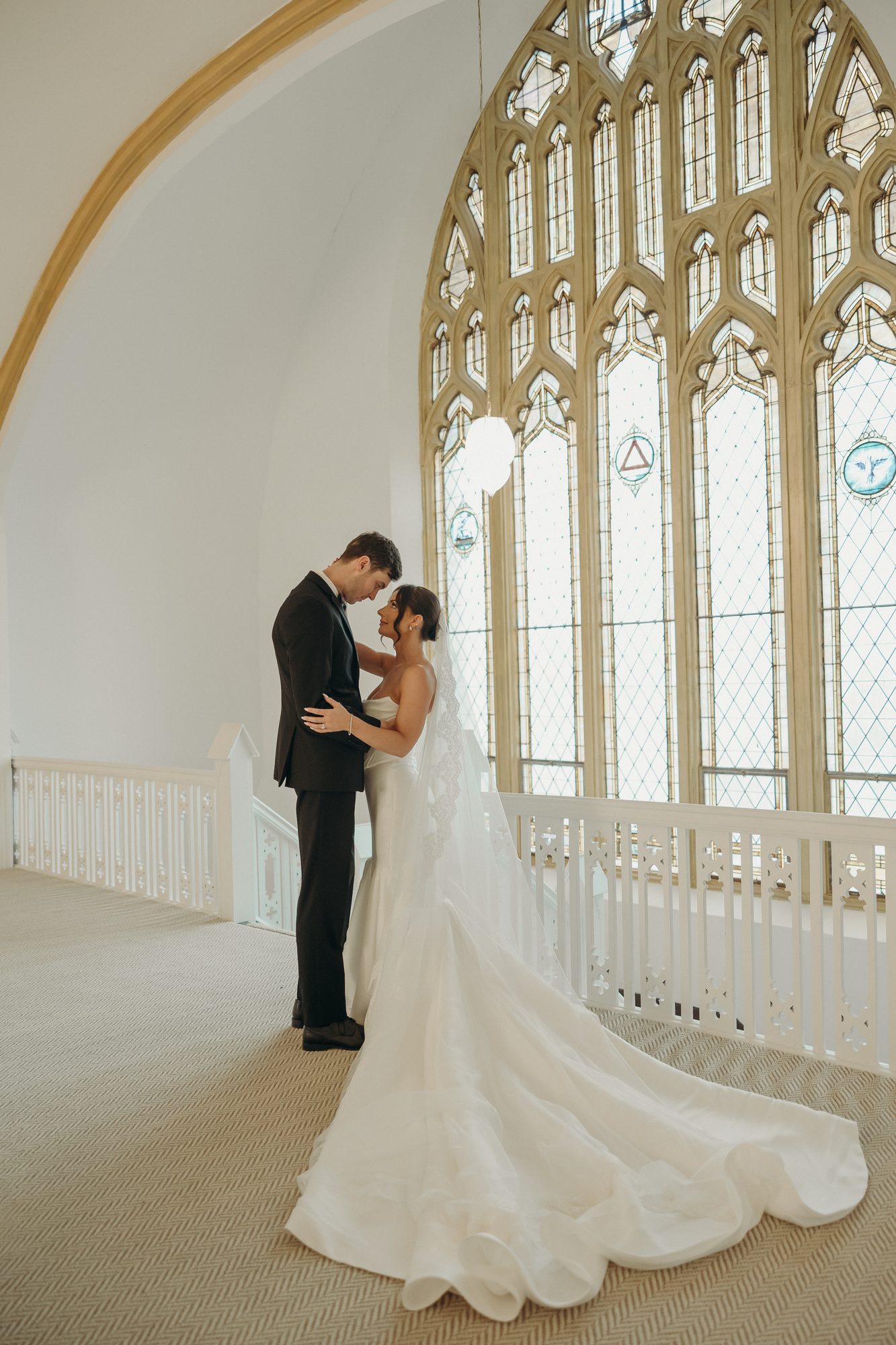 Bride and groom's first look inside the historic Kansas City venue